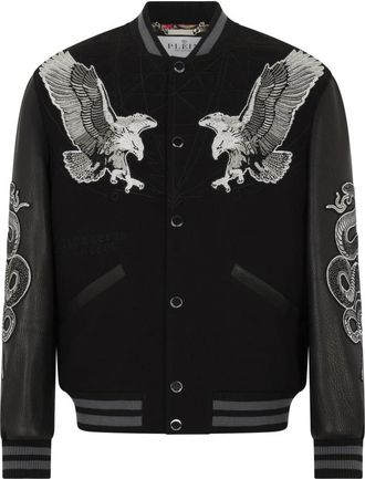 Philipp Plein Varsity Jacket Tattoo Strass - Heren - Bomber jackets - Zwart - 2XL - Wol - Jassen