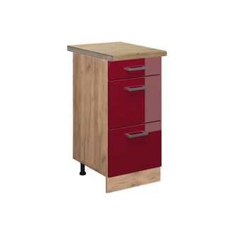 Vicco Mueble Bajo De Cocina R-line, Rojo Burdeos Alto Brillo, 40 Cm Con Cajones, Et Roble Vicco