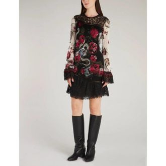Roberto Cavalli Floral Mini Dress with Lace Trim, Brand Size 40 ( US Size 6 )
