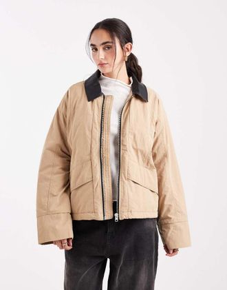 Object Giacca barn leggermente imbottita idrorepellente beige con colletto in pelle sintetica-Nero