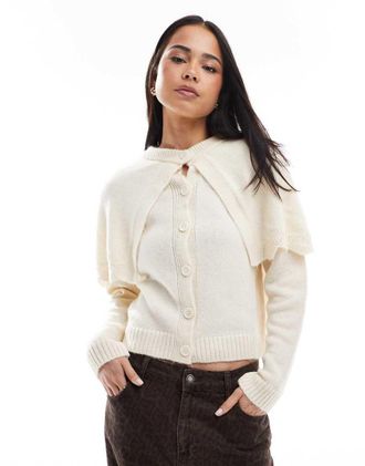 Miss Selfridge mock cape button-up cardigan in cream-Navy
