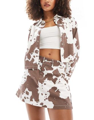 Pieces denim mini skirt in brown cow print - part of a set-Multi
