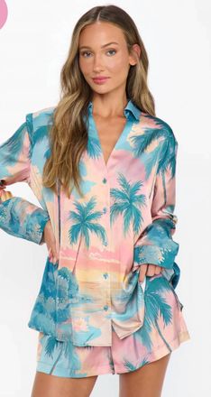 Show me your Mumu Sunset Cove Silky Early Riser Pajama Set In Pastel Tropical