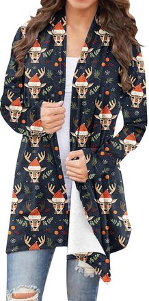 Generic Black Ladies Cardigans Size 12 14 16 18 20 22 UK Plus Size Open Front Christmas Jackets Xmas Patterned Festival Tops Womens Snowflake Reindeer Santa C
