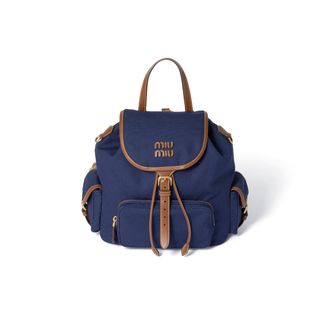 Miu Miu Canvas And Leather Backpack, Woman, Cornflower Blue/brandy
