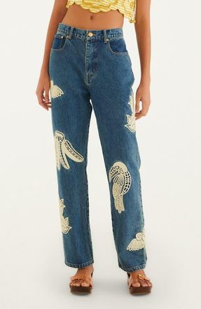 Farm Rio Birds Lace Appliqu&eacute; Jeans in Denim at Nordstrom, Size 32