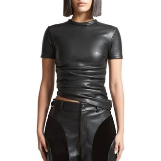 Mani&egrave;re De Voir Leather Ruched T-Shirt in Black at Nordstrom, Size 0