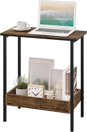 Woltu Woltu 2 Ripiani Tavolo Soggiorno Caff&egrave; Comodino Moderno Tavolinetto Salone Divano Struttura In Truciolare E Metallo, Legno Vintage E Nero, 50x25x55cm