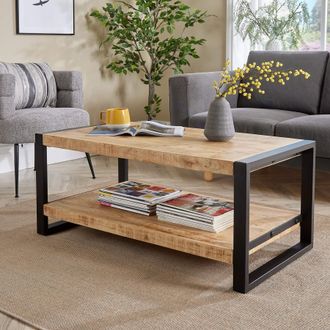 Home Source Industries Industrial Coffee Table Mango Wooden Top Sturdy Iron Frame Home Living in Light Oak