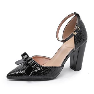 Generic Womens Elegant Bowknot Closed Pointed Toe High Block Heel Pumps Dressy Party Casual Shoes with Buckle Ankle Strap (Black,5.5)