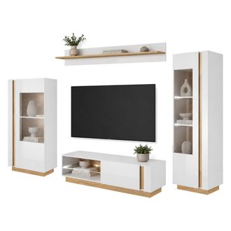 Dmora Parete Modulare Kanazala, Mueble De Sal&oacute;n, 8 Estantes, 11 Compartimentos, Blanco Brillante