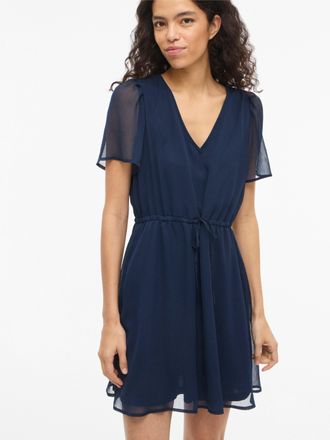 Vila Minikleid VILA VIFALIA V-NECK S/S SHORT DRESS- NOOS, Damen, Gr. 34, N-Gr, navy blazer, Web, Obermaterial: 100% Polyester, unifarben, regular fit kurz,