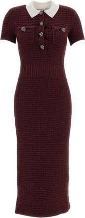 Self Portrait Burgundy Textured Waffle-Knit Polo Midi Dress