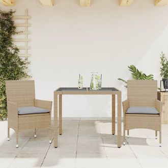 vidaXL Set Comedor Jard&iacute;n 3 Pzas Cojines Rat&aacute;n Sint&eacute;tico Vidrio Beige Vidaxl