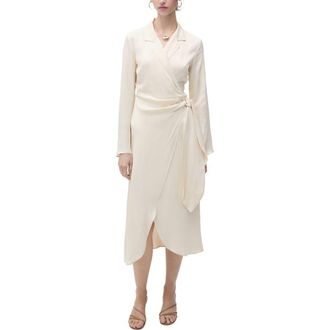 Mango Long Sleeve Satin Wrap Midi Shirtdress in Ecru at Nordstrom Rack, Size 6