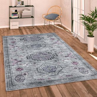 Paco Home Paco Home - Alfombra Salon De Habitacion Tejido Plano Vintage Oriental Ribete Se Puede Lavar Gris, &Oslash; 120 Cm Redon