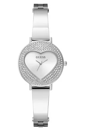 Guess Crystal Heart Dial Bracelet Watch, 30mm in White/silver at Nordstrom