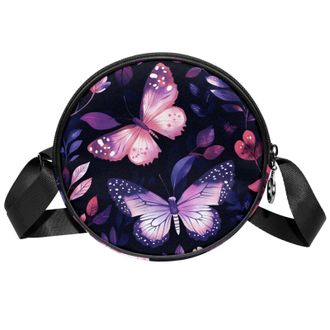 Generic Circle Crossbody Bag for Women, Purple Pink Butterfly Small Sling Bag Daypack with Zipper Adjustable Shoulder Straps Casual Ladies Girls Round Purse