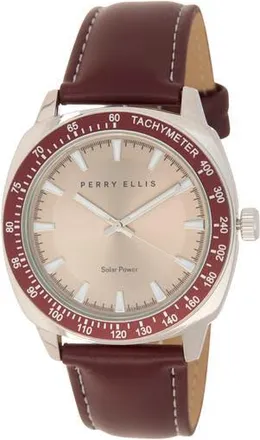 Perry Ellis Solar 3-Hand Quartz Faux Leather Strap Watch, 44mm in Stainless at Nordstrom Rack
