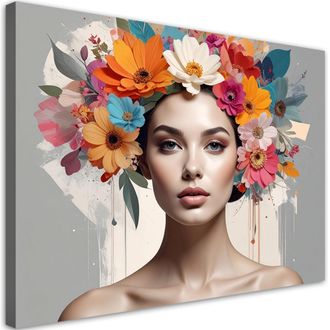 Feeby Cuadro Sobre Lienzo Mujer Con Flores De Colores En La Cabeza 100x70
