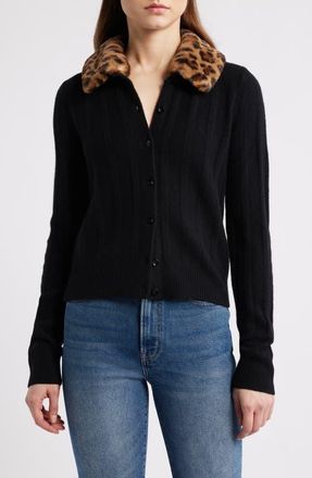 Reformation Hannah Wool Cardigan with Faux Fur Collar in Black Leopard at Nordstrom, Size X-Small