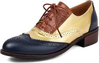 Generic Womens Contemporary Brogues Color Block Oxford Shoes with Low Heel for Work and Leisure Wear Round Toe Design,Gold,4.5 UK