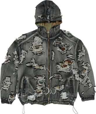 Thug Club Hell Denim gerafeld denim jack met capuchon - Grijs