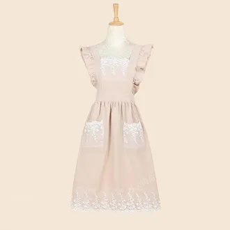 OEM Delantal, Delantal Vintage Para Mujer, Con Bolsillos Y Bonitos Volantes De Encaje, Dise&ntilde;o Ajustable, Hornear Y Jardiner&iacute;a, Beige