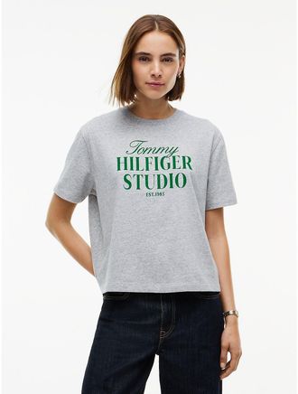 Tommy Hilfiger Womens Relaxed Fit Tommy Studio Logo T-Shirt - Light Grey Heather - XL
