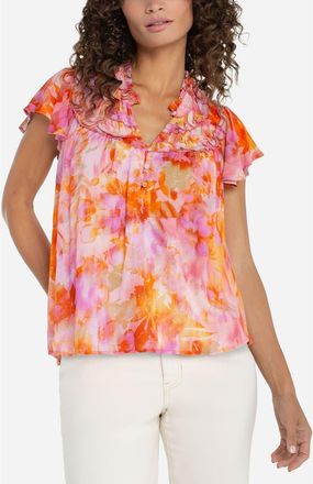 Liverpool L.A. Floral Print Ruffle Top in Orange/Pink Multi at Nordstrom, Size X-Large