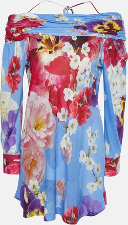 Roberto Cavalli Blue Floral Print Knit Off-The-Shoulder Top