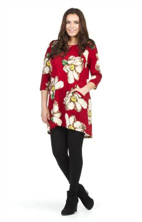 Papillon Big Floral 3/4 Sleeve Dress With Pockets In Burgundy