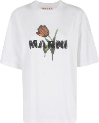Marni White Oversized T-Shirt With Floral Logo Design