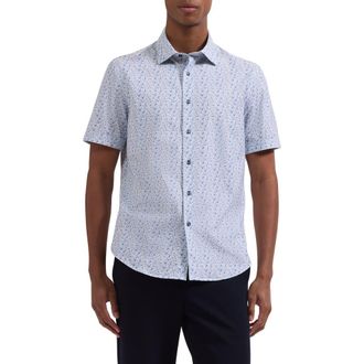 Bugatchi Miles OoohCotton Guitar Print Short Sleeve Button-Up Shirt in Peacock at Nordstrom, Size Xxx-Large