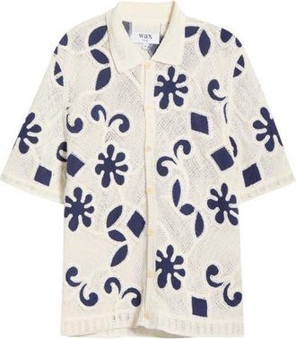 Wax London Porto Doodle Open Knit Short Sleeve Button-Up Shirt in Ecru /Dark Blue at Nordstrom, Size X-Large