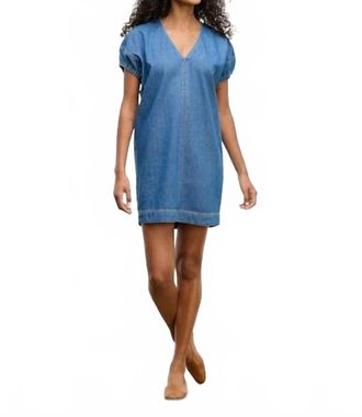 Velvet Aurora Puff Sleeve V Neck Mini Dress In Classic Denim