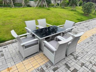Fimous Rattan Outdoor furniture Set Black Tempered Glass Table & 6 Chairs Set in Light Grey