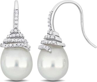 Mimi & Max 10-11mm South Sea Cultured Pearl 1/3ct TW Diamond Swirl Hook Earrings 14k White Gold