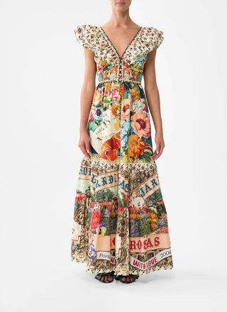 Camilla Aromatic Amor Tiered Dress With Neck Frill In Beige Multi