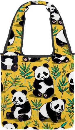 Generic Cute Panda on Yellow Reversible Canvas Shoulder Tote - Double-Sided Print, 12oz Cotton, 27cm Drop, Fold-Flat Bag for Travel, Shopping, Street Outings
