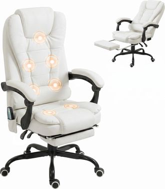 Vinsetto Vinsetto Silla De Oficina Con 7 Puntos De Masaje Con Respaldo Reclinable Reposapi&eacute;s Retr&aacute;ctil Altura Ajustable Control Remoto Y Tejido Pu Blanco