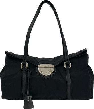 Prada Black Nylon Leather Shoulder Bag Tote Bag (Pre-Owned)