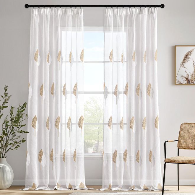 Miulee Gardinen Vorhänge mit Kräuselband, Vorhang Wohnzimmer Braun und Weiß Blätter Muster, Schöne Stickerei Gardine 2er Set Modern Schlafzimmer Fenster H 26 ab 25,99 €