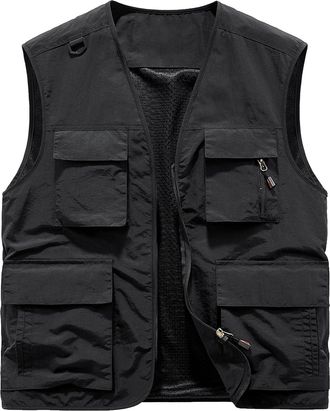 Feoya Mens Multi Pocket Vest Quick Dry Lightweight Sleeveless Jacket Waistcoat Summer Summer Safari Fishing Photo Travel Gilet Vest B-Black XXL