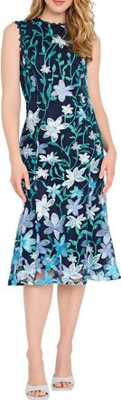 Tahari by ASL Floral Embroidered Sleeveless Midi Dress in Navy Lagoon at Nordstrom, Size 12