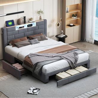 OEM Estructura De Cama 140x200 Cm Terciopelo Gris Led 7 Colores, 3 Cajones, Usb Tipo-c, Somier De Lamas