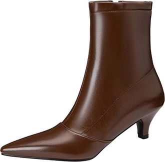 Generic Brown Women British Style Ankle Boots with Pointed Toe and Shiny Metallic Texture with Side Zipper for Daily Use