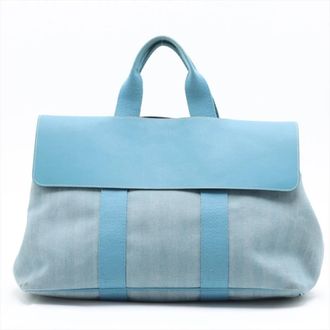Herm&egrave;s Blue Jean Leather Canvas Handbag Shoulder Bag Tote Bag (Pre-Owned)
