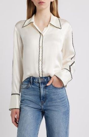 Rails Aloise Embroidered Trim Silk Button-Up Shirt in Ivory at Nordstrom Rack, Size Large