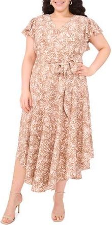 Vince Camuto Abstract Print Flutter Sleeve Dress in Camel at Nordstrom Rack, Size 2X